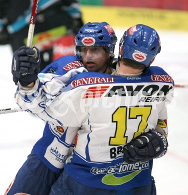 Eishockey Bundesliga. VSV gegen Liwest Black Wings Linz. Torjubel VSV. Wolfgang Kromp, Marc Brown. Villach, am 20.3.2007.
Foto: Kuess
---
pressefotos, pressefotografie, kuess, qs, qspictures, sport, bild, bilder, bilddatenbank