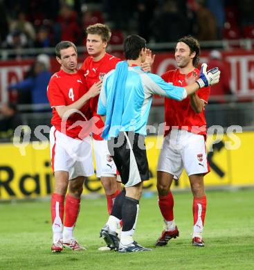 Fussball. Laenderspiel Oesterreich gegen Japan. Jubel Oesterreich. Martin Hiden, Sebastian Proedl, Helge Payer, Joachim Standfest.  Klagenfurt, am 7.9.2007.
Foto: Kuess
---
pressefotos, pressefotografie, kuess, qs, qspictures, sport, bild, bilder, bilddatenbank