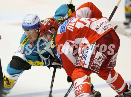 Eishockey Bundesliga. KAC gegen EHC Liwest Linz. Warren Norris (KAC), Rob Shearer (Linz). Klagenfurt, am 28.9.2007.
Foto: Kuess
---
pressefotos, pressefotografie, kuess, qs, qspictures, sport, bild, bilder, bilddatenbank