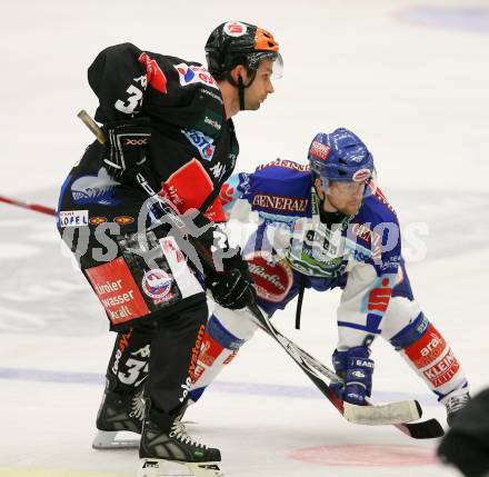 Erste Bank Eishockey Bundesliga. VSV gegen Innsbruck. Roland Kaspitz (VSV), Jean-Philippe Pare (Innsbruck). Klagenfurt, am 7.10.2007.
Foto: Kuess 
---
pressefotos, pressefotografie, kuess, qs, qspictures, sport, bild, bilder, bilddatenbank