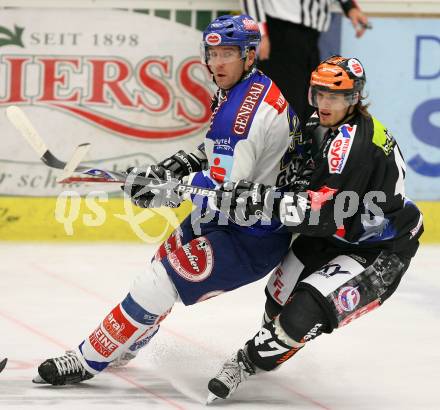 Erste Bank Eishockey Bundesliga. VSV gegen Innsbruck. Daniel Gauthier (VSV), Harald Offner (Innsbruck). Klagenfurt, am 7.10.2007.
Foto: Kuess 
---
pressefotos, pressefotografie, kuess, qs, qspictures, sport, bild, bilder, bilddatenbank