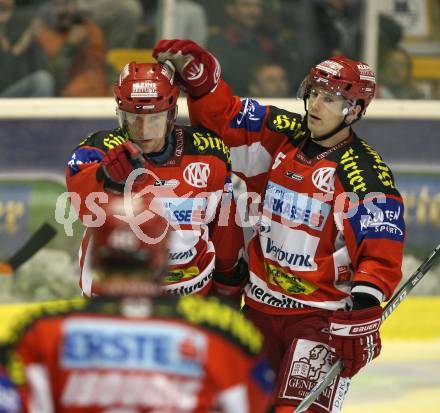 Erste Bank Eishockey Bundesliga. KAC gegen Alba Volan.  Torjubel. Chad Hinz, Kirk Furey (KAC). Klagenfurt, am 9.10.2007.
Foto: Kuess
---
pressefotos, pressefotografie, kuess, qs, qspictures, sport, bild, bilder, bilddatenbank