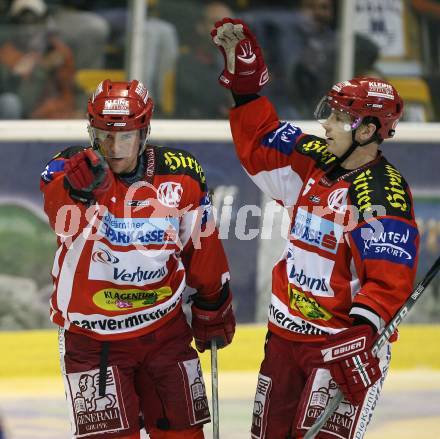 Erste Bank Eishockey Bundesliga. KAC gegen Alba Volan.  Torjubel. Chad Hinz, Kirk Furey (KAC). Klagenfurt, am 9.10.2007.
Foto: Kuess
---
pressefotos, pressefotografie, kuess, qs, qspictures, sport, bild, bilder, bilddatenbank