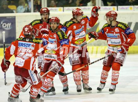 Erste Bank Eishockey Bundesliga. KAC gegen Vienna Capitals. Torjubel KAC. Kirk Furey, Andrew Schneider, Gregor Hager, Christian Ban, Herbert Ratz. Klagenfurt, am 19.10.2007.
Foto: Kuess
---
pressefotos, pressefotografie, kuess, qs, qspictures, sport, bild, bilder, bilddatenbank