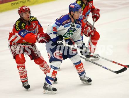 Erste Bank Eishockey Bundesliga. VSV gegen KAC. Marc Brown (VSV), Jeremy Rebek (KAC). Villach, am 28.10.2007.
Foto: Kuess
---
pressefotos, pressefotografie, kuess, qs, qspictures, sport, bild, bilder, bilddatenbank