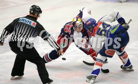 EBEL. Eishockey Bundesliga. VSV gegen Red Bull Salzburg. Dany Bousquet (VSV), Philipp Pinter (Salzburg), Schiedsrichter. Villach, am 9.11.2007.
Foto: Kuess
---
pressefotos, pressefotografie, kuess, qs, qspictures, sport, bild, bilder, bilddatenbank