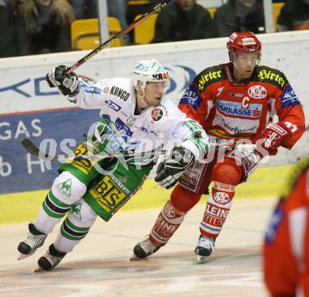 EBEL. Erste Bank Eishockey Bundesliga. KAC gegen Olympia Laibach. Jeremy Rebek (KAC), Ales Music (Laibach). Klagenfurt, am 15.11.2007.
Foto: Kuess
---
pressefotos, pressefotografie, kuess, qs, qspictures, sport, bild, bilder, bilddatenbank