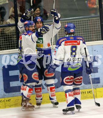 EBEL. Eishockey Bundesliga. VSV gegen Vienna Capitals. Torjubel VSV. Markus Peintner, Dany Bousquet, Roland Kaspitz. Villach, am 25.11.2007.
Foto: Kuess 
---
pressefotos, pressefotografie, kuess, qs, qspictures, sport, bild, bilder, bilddatenbank