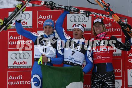 Schi Weltcup. Riesentorlauf. Siegerehrung. Manfred Moelgg (ITA, 2.), Massimiliano Blardone (ITA, 1.), Ted Ligerty (USA, 3.). Bad Kleinkirchheim, am 8.12.2007.
Foto: Kuess
---
pressefotos, pressefotografie, kuess, qs, qspictures, sport, bild, bilder, bilddatenbank