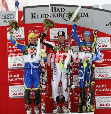 Schi Alpin Weltcup Slalom. Siegerehrung. Jens Byggmark (SWE), Benjamin Raich (AUT), Manfred Moelgg (ITA). Bad Kleinkirchheim, am 9.12.2007.
Foto: Kuess
---
pressefotos, pressefotografie, kuess, qs, qspictures, sport, bild, bilder, bilddatenbank