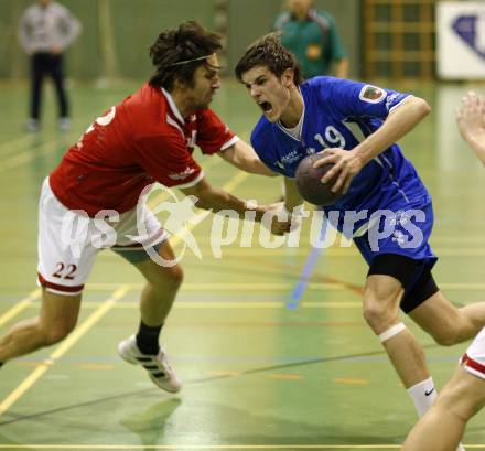 Handball Bundesliga. SC Ferlach gegen HCK 59.  Dean Pomorisac (Ferlach), Klaus Haslinglehner (HCK). Ferlach, am 15.12.2007.
Foto: Kuess
---
pressefotos, pressefotografie, kuess, qs, qspictures, sport, bild, bilder, bilddatenbank