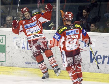 EBEL. Erste Bank Eishockey Bundesliga. KAC gegen Vienna Capitals. Torjubel. Warren Norris, Johannes Reichel. Klagenfurt, am 30.12.2007.
Foto: Kuess
---
pressefotos, pressefotografie, kuess, qs, qspictures, sport, bild, bilder, bilddatenbank