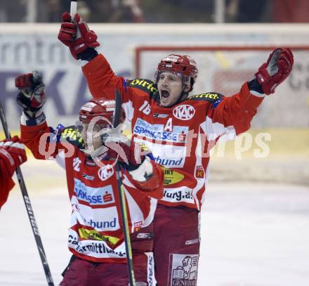 EBEL. Erste Bank Eishockey Bundesliga. KAC gegen Vienna Capitals. Torjubel Philippe Horsky, Christoph Ibounig (KAC). Klagenfurt, am 30.12.2007.
Foto: Kuess
---
pressefotos, pressefotografie, kuess, qs, qspictures, sport, bild, bilder, bilddatenbank