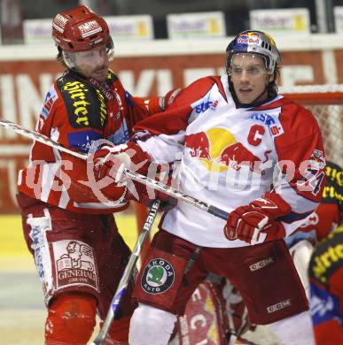 EBEL. Eishockey Bundesliga. KAC gegen EC Red Bull Salzburg. Johannes Kirisits (KAC), Dieter Kalt (Salzburg). Klagenfurt, am 6.1.2008.
Foto: Kuess
---
pressefotos, pressefotografie, kuess, qs, qspictures, sport, bild, bilder, bilddatenbank