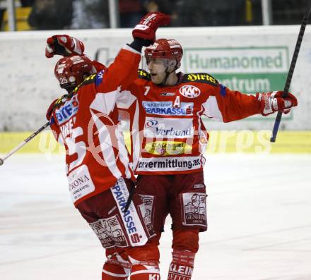 EBEL. Eishockey Bundesliga. KAC gegen EC Red Bull Salzburg. Torjubel KAC. Herbert Ratz, Kirk Furey. Klagenfurt, am 6.1.2008.
Foto: Kuess
---
pressefotos, pressefotografie, kuess, qs, qspictures, sport, bild, bilder, bilddatenbank