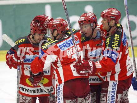 EBEL. Eishockey Bundesliga. VSV gegen KAC. Torjubel Jeffrey Tory, Jeremy Rebek, Chad Hinz, Mike Craig (KAC). Villach, am 11.1.2008.
Foto: Kuess
---
pressefotos, pressefotografie, kuess, qs, qspictures, sport, bild, bilder, bilddatenbank