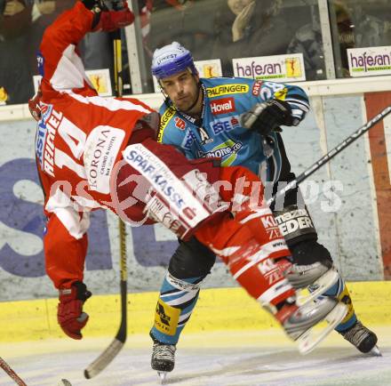 EBEL. Eishockey Bundesliga. KAC gegen EHC Liwest Linz. Johannes Reichel (KAC), Brad Tiley (Linz). Klagenfurt, am 13.1.2008.
Foto: Kuess
---
pressefotos, pressefotografie, kuess, qs, qspictures, sport, bild, bilder, bilddatenbank