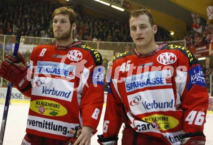 EBEL. Eishockey Bundesliga. Ehrenrunde KAC. KAC gegen VSV. Christoph Quantschnig, Christoph Ibounig (KAC). Klagenfurt, am 29.1.2008.
Foto: Kuess
---
pressefotos, pressefotografie, kuess, qs, qspictures, sport, bild, bilder, bilddatenbank