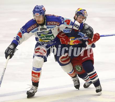 EBEL. Eishockey Bundesliga. VSV gegen Red Bull Salzburg. Thomas Raffl (VSV), Marco Pewal (Salzburg). Villach, am 1.2.2008.
Foto: Kuess
---
pressefotos, pressefotografie, kuess, qs, qspictures, sport, bild, bilder, bilddatenbank