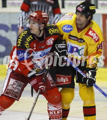 EBEL. Eishockey Bundesliga. KAC gegen Vienna Capitals. Kirk Furey (KAC), Sean Selmser (Caps). Tumulte im Wiener Fansektor.  Klagenfurt. am 3.2.2008.
Foto: Kuess
---
pressefotos, pressefotografie, kuess, qs, qspictures, sport, bild, bilder, bilddatenbank