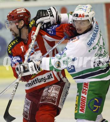 EBEL. Eishockey Bundesliga. KAC gegen Olympia Ljubljana (Laibach). Rob Valicevic(KAC), Pasi Petrilaeinen(Laibach). Klagenfurt, am 14.2.2008.
Foto: Kuess
---
pressefotos, pressefotografie, kuess, qs, qspictures, sport, bild, bilder, bilddatenbank