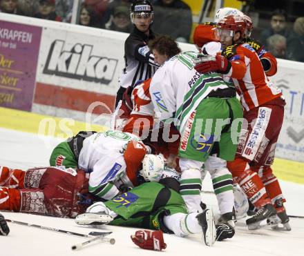 EBEL. Eishockey Bundesliga. KAC gegen Olympia Ljubljana (Laibach). Rauferei, Schlaegerei. Mike Craig, Gregor Hager (KAC), Raffaele Intranuovo, Brendan Yarema (Laibach). Klagenfurt, am 14.2.2008.
Foto: Kuess
---
pressefotos, pressefotografie, kuess, qs, qspictures, sport, bild, bilder, bilddatenbank