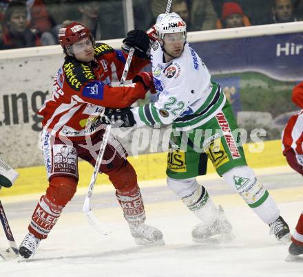 EBEL. Eishockey Bundesliga. KAC gegen Olympia (Olimpija) Ljubljana (Laibach). David Schuller (KAC), Greg Kuznik (Laibach). Klagenfurt, am 19.2.2008.
Foto: Kuess
---
pressefotos, pressefotografie, kuess, qs, qspictures, sport, bild, bilder, bilddatenbank