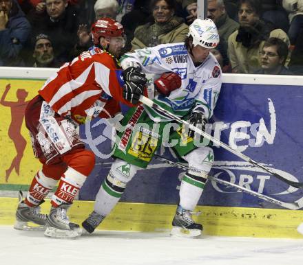 EBEL. Eishockey Bundesliga. KAC gegen Olympia (Olimpija) Ljubljana (Laibach). Robert Valicevic (KAC), Todd Elik (Laibach). Klagenfurt, am 19.2.2008.
Foto: Kuess
---
pressefotos, pressefotografie, kuess, qs, qspictures, sport, bild, bilder, bilddatenbank