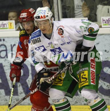 EBEL. Erste Bank Eishockey Bundesliga. KAC gegen Olympia Laibach. David Schuller (KAC), Ziga Pavlin (Laibach). Klagenfurt, am 19.2.2008.

Copyright Kuess

---
pressefotos, pressefotografie, kuess, qs, qspictures, sport, bild, bilder, bilddatenbank