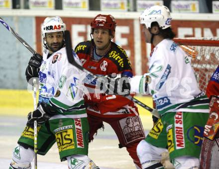 EBEL. Eishockey Bundesliga. KAC gegen Olympia (Olimpija) Ljubljana (Laibach). Jeffrey Tory(KAC), Raffaele Intranuovo, Todd Elik (Laibach). Klagenfurt, am 19.2.2008.

Foto: Kuess
---
pressefotos, pressefotografie, kuess, qs, qspictures, sport, bild, bilder, bilddatenbank