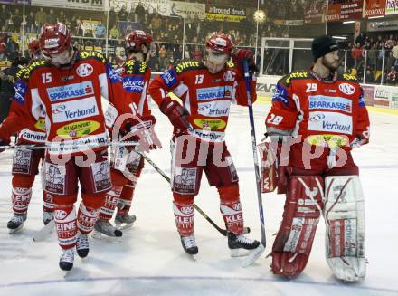 EBEL. Eishockey Bundesliga. KAC gegen Olympia (Olimpija) Ljubljana (Laibach). Paul Schellander, Johannes Kirisits, Andrew Verner enttaeuscht (KAC). Klagenfurt, am 19.2.2008.
Foto: Kuess
---
pressefotos, pressefotografie, kuess, qs, qspictures, sport, bild, bilder, bilddatenbank