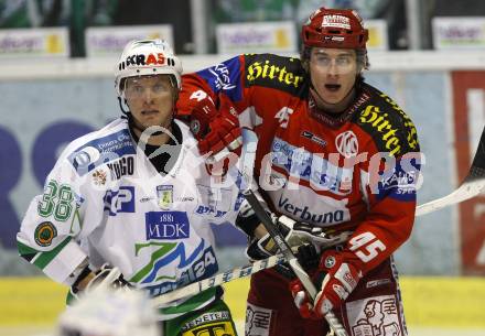 EBEL. Eishockey Bundesliga. KAC gegen Olympia (Olimpija) Ljubljana (Laibach). David Schuller (KAC), Pasi Petrilaeinen (Laibach). Klagenfurt, am 19.2.2008.
Foto: Kuess
---
pressefotos, pressefotografie, kuess, qs, qspictures, sport, bild, bilder, bilddatenbank