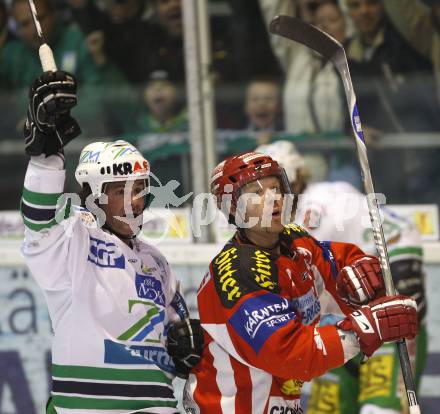 EBEL. Erste Bank Eishockey Bundesliga. KAC gegen Olympia Laibach. Jeremy rebek (KAC), Todd Elik (Laibach). Klagenfurt, am 19.2.2008.

Copyright Kuess

---
pressefotos, pressefotografie, kuess, qs, qspictures, sport, bild, bilder, bilddatenbank