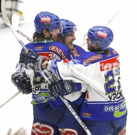 EBEL. Eishockey Bundesliga. VSV gegen Red Bull Salzburg. Torjubel Thomas Raffl, Gerd Acker, Wolfgang Kromp (VSV). Villach, am 21.2.2008.
Foto: Kuess
---
pressefotos, pressefotografie, kuess, qs, qspictures, sport, bild, bilder, bilddatenbank