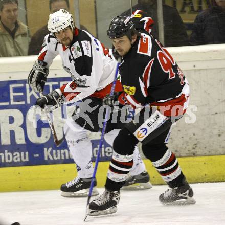 Eishockey Oberliga. Tarco Woelfe gegen ATUS Weiz Volksbank Bulls. Bruno Tarmann (Tarco), Gerhard Jaeger (Weiz). Klagenfurt, am 23.2.2008.
Foto: Kuess
---
pressefotos, pressefotografie, kuess, qs, qspictures, sport, bild, bilder, bilddatenbank