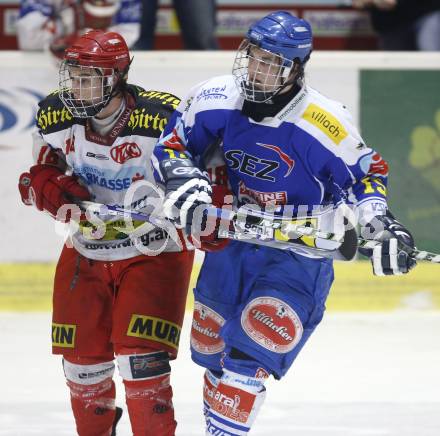 Eishockey. Oesterreichische Meisterschaft U20. KAC gegen VSV. Jakobitsch (KAC), Sternat (VSV). Klagenfurt, am 8.3.2008.

Copyright Kuess

---
pressefotos, pressefotografie, kuess, qs, qspictures, sport, bild, bilder, bilddatenbank