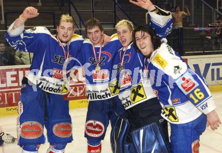 Eishockey. Oesterreichische U20 Meisterschaft. VSV gegen KAC. Meister VSV. Marco Zorec, Benjamin Petrik, Marco Wieser, Pierre Wolf,  Jubel. Villach, am 15.3.2008.
Copyright Kuess

---
pressefotos, pressefotografie, kuess, qs, qspictures, sport, bild, bilder, bilddatenbank