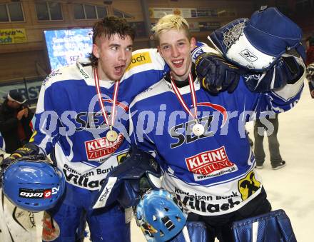 Eishockey. Oesterreichische U20 Meisterschaft. VSV gegen KAC. Meister VSV. Anton Darohs, Marco Wieser (VSV).  Jubel. Villach, am 15.3.2008.
Copyright Kuess

---
pressefotos, pressefotografie, kuess, qs, qspictures, sport, bild, bilder, bilddatenbank