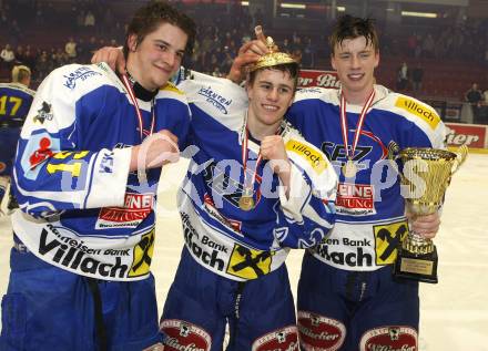 Eishockey. Oesterreichische U20 Meisterschaft. VSV gegen KAC. Meister VSV. Jubel. Stefan Bacher, Niko Toff, Michael Raffl (VSV). Villach, am 15.3.2008.
Copyright Kuess

---
pressefotos, pressefotografie, kuess, qs, qspictures, sport, bild, bilder, bilddatenbank