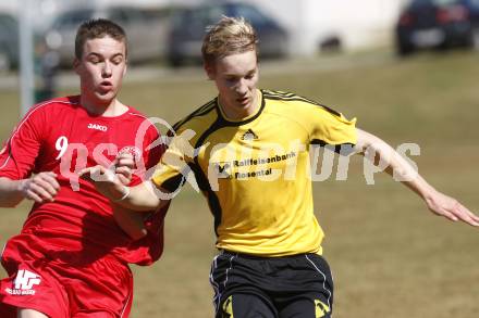 Fussball Unterliga Ost. Rosental Derby. Koettmannsdorf gegen Ludmannsdorf. Martin Linder (Koettmannsdorf), Marcel Quantschnig (Ludmannsdorf). Klagenfurt, am 29.3.2008.

Copyright Kuess

---
pressefotos, pressefotografie, kuess, qs, qspictures, sport, bild, bilder, bilddatenbank