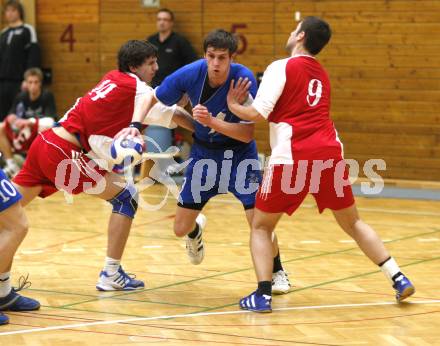 Handball. SVVW Klagenfurt gegen SC Ferlach. Peter Laggner, Martin Grof (SVVW), Dean Pomorisac (Ferlach). Klagenfurt, am 6.4.2008
Copyright Kuess

---
pressefotos, pressefotografie, kuess, qs, qspictures, sport, bild, bilder, bilddatenbank