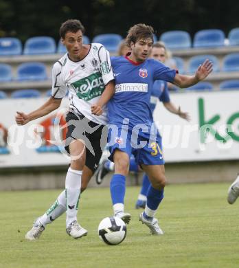 Fussball Testspiel. SK Austria Kaernten gegen Steaua Bukarest. Atdhe Nuhiu (Kaernten), Tiago Gomes (Bukarest). Feldkirchen, am 2.7.2008.
Copyright: Kuess


---
pressefotos, pressefotografie, kuess, qs, qspictures, sport, bild, bilder, bilddatenbank