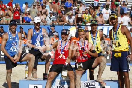 Beachvolleyball. Grand Slam 2008. WILLIAMS Mark, METZGER Stein (USA), KOLODINSKY Igor, BARSOUK Dmitri (RUS), COSTA SANTOS Ricardo, Emanuel REGO (BRA). 
Klagenfurt,3.8.2008.
Copyright Kuess

---
pressefotos, pressefotografie, kuess, qs, qspictures, sport, bild, bilder, bilddatenbank