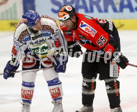 EBEL.  Eishockey Bundesliga. EC Pasut VSV gegen HC TWK Innsbruck. Guenther Lanzinger (VSV),  Martin Hohenberger  (Innsbruck). Villach, am 30.9.2008.
Foto: Kuess

---
pressefotos, pressefotografie, kuess, qs, qspictures, sport, bild, bilder, bilddatenbank