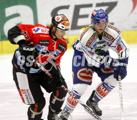 EBEL.  Eishockey Bundesliga. EC Pasut VSV gegen HC TWK Innsbruck. Andreas Kristler (VSV),  Harald Ofner (Innsbruck). Villach, am 30.9.2008.
Foto: Kuess

---
pressefotos, pressefotografie, kuess, qs, qspictures, sport, bild, bilder, bilddatenbank
