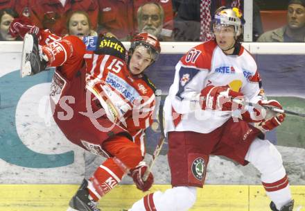 EBEL. Eishockey Bundesliga. EC KAC gegen Red Bull Salzburg.Paul Schellander (KAC), Daniel Koger (Salzburg). Klagenfurt, am 12.10.2008.
Foto: Kuess

---
pressefotos, pressefotografie, kuess, qs, qspictures, sport, bild, bilder, bilddatenbank