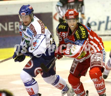 EBEL. Eishockey Bundesliga. EC KAC gegen EC VSV. Raphael Herburger, (KAC), Guenther Lanzinger (VSV). Klagenfurt, am 19.10.2008.
Foto: Kuess

---
pressefotos, pressefotografie, kuess, qs, qspictures, sport, bild, bilder, bilddatenbank