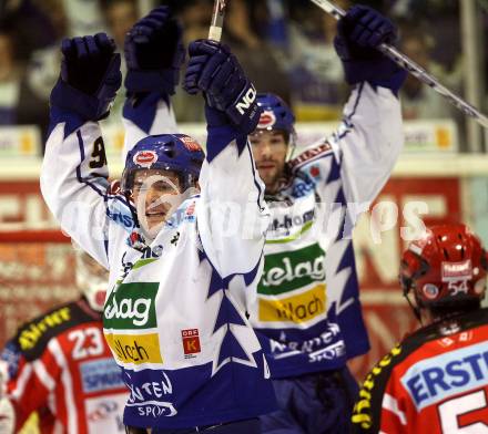 EBEL. Eishockey Bundesliga. EC KAC gegen EC VSV. Torjubel Jonathan Ferland, Justin Mapletoft. Klagenfurt, am 19.10.2008.
Foto: Kuess

---
pressefotos, pressefotografie, kuess, qs, qspictures, sport, bild, bilder, bilddatenbank