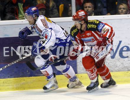 EBEL. Eishockey Bundesliga. EC KAC gegen EC VSV. KIRISITS Johannes (KAC), LANZINGER Guenther (VSV). Klagenfurt, am 19.10.2008.
Foto: Kuess

---
pressefotos, pressefotografie, kuess, qs, qspictures, sport, bild, bilder, bilddatenbank