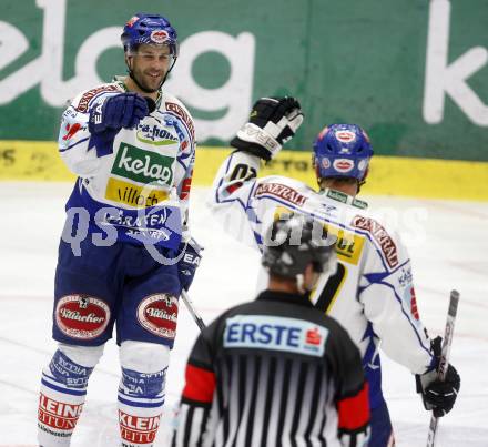 EBEL. Eishockey Bundesliga. VSV gegen Graz. Torjubel Darell Scoville, Mickey Elick (VSV). Klagenfurt, am 21.10.2008.
Foto: Kuess 
Foto: Kuess

---
pressefotos, pressefotografie, kuess, qs, qspictures, sport, bild, bilder, bilddatenbank